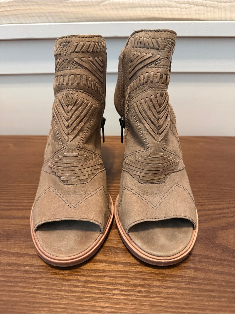 Vince Camuto Taupe Open-Toe Western Cutout Booties